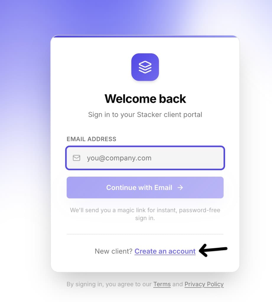 Portal login screen: Welcome back with email field and Create an account link at the bottom