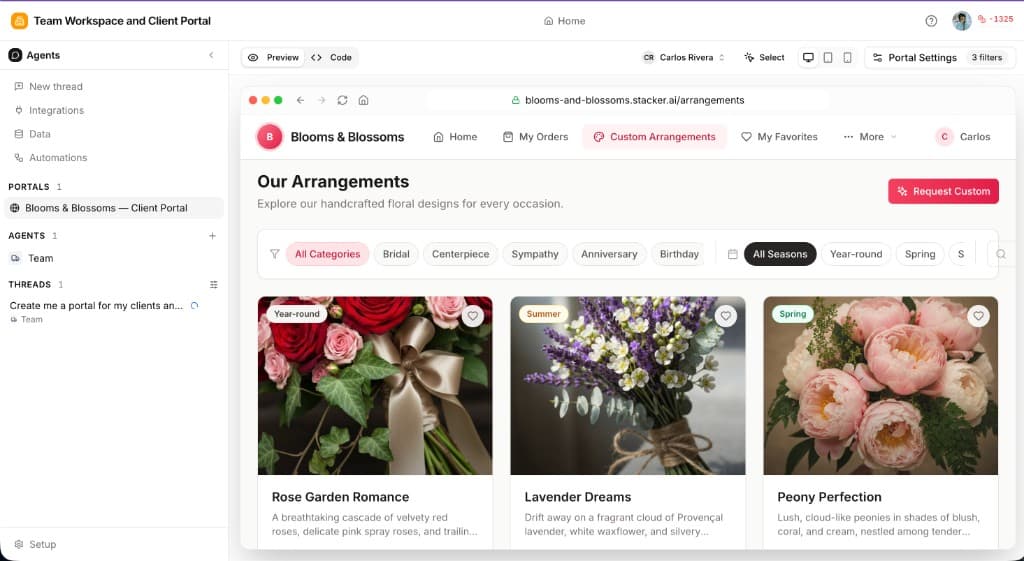 Stacker workspace with Portals, Agents, and Threads in the left sidebar and a live portal preview in the main panel