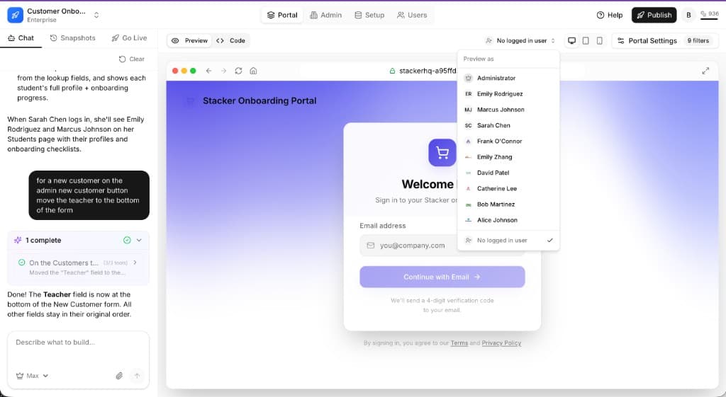 Portal builder preview toolbar with Preview as set to No logged in user, showing the portal login page below