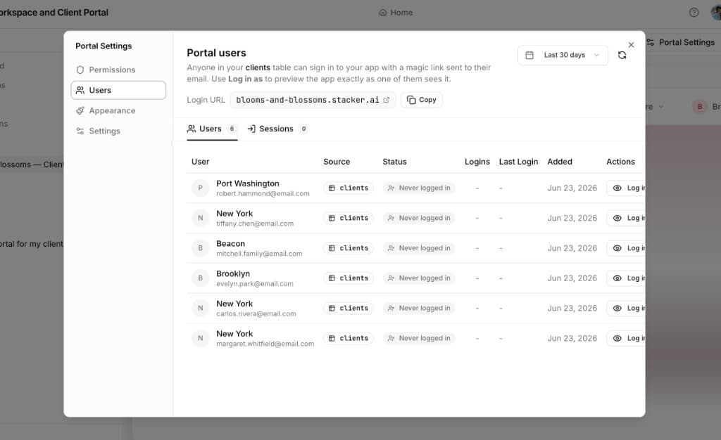 Portal Settings dialog with the Users tab selected: Login URL, user list from the clients table with status and Log in as actions