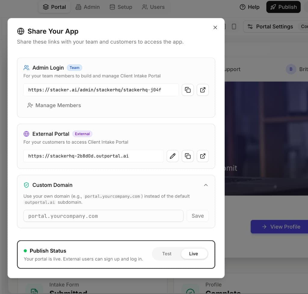Share Your App modal with Admin Login team link, External Portal customer link, Custom Domain section, and Live versus Test publish status