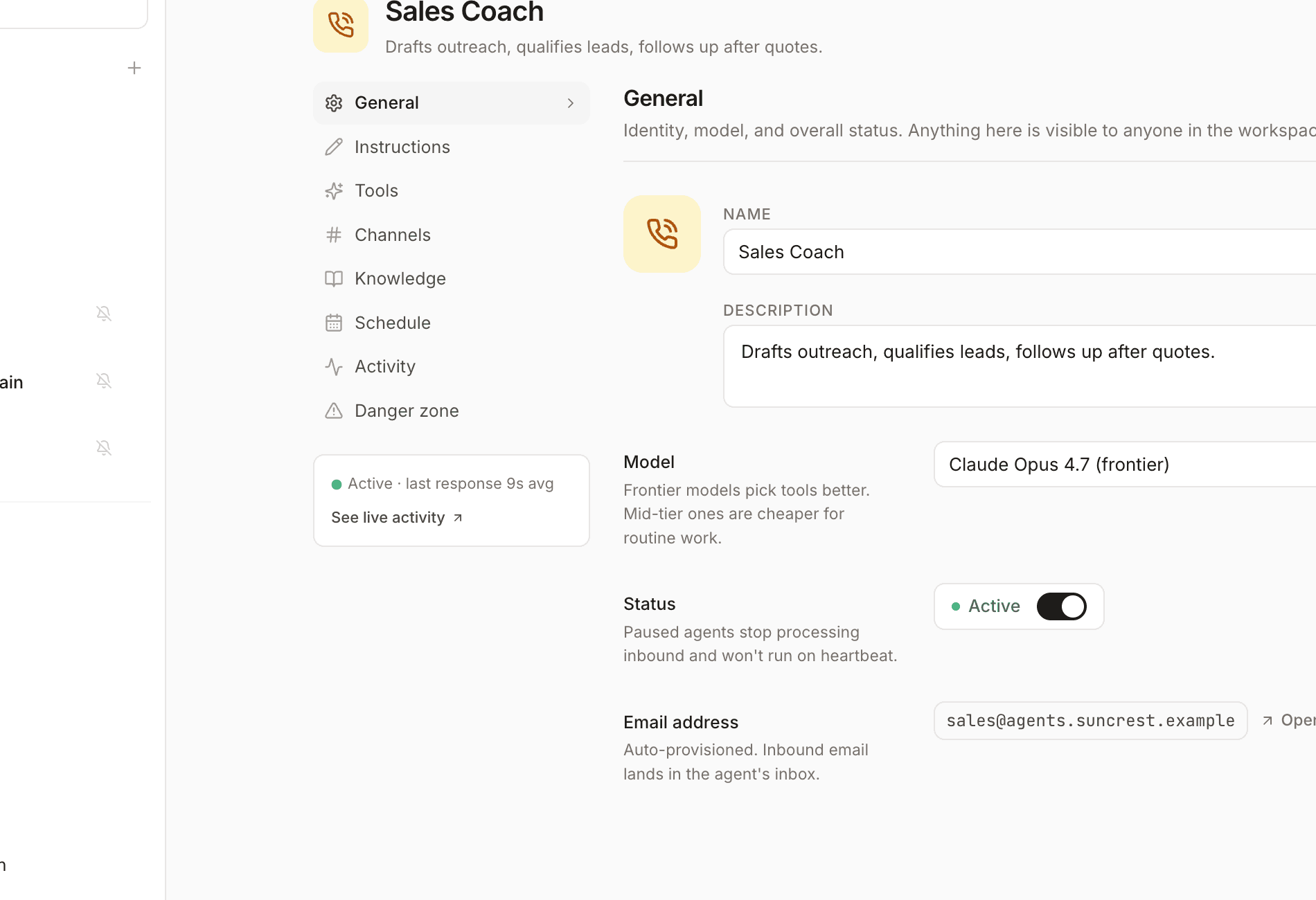 Agent settings showing General, Instructions, Tools, Channels, Knowledge, and Schedule tabs