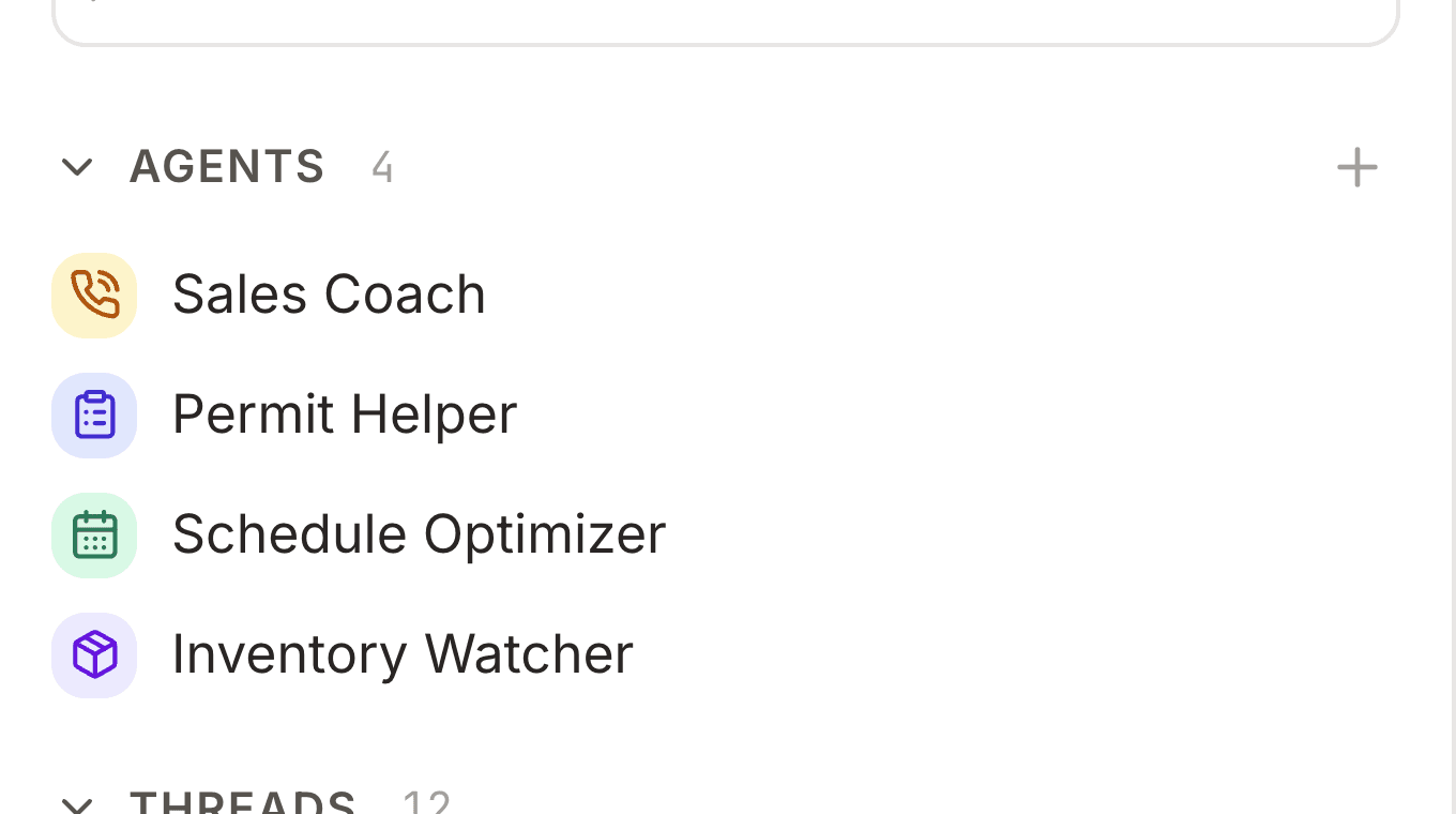 Agents sidebar with New thread, agent list, and recent threads