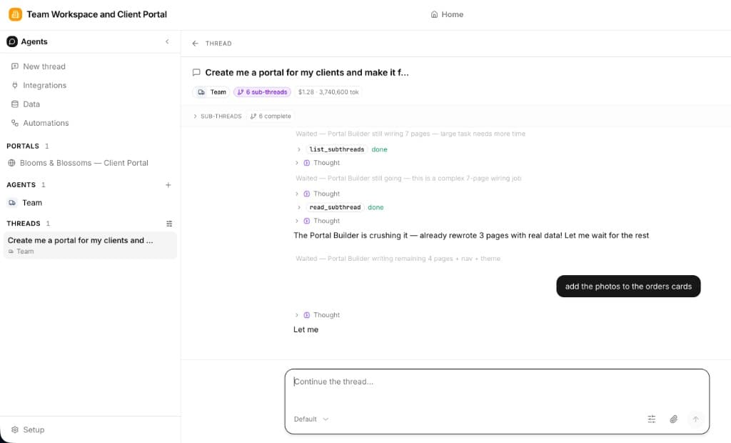 Thread conversation where the user asks the AI to build a client portal and refine pages