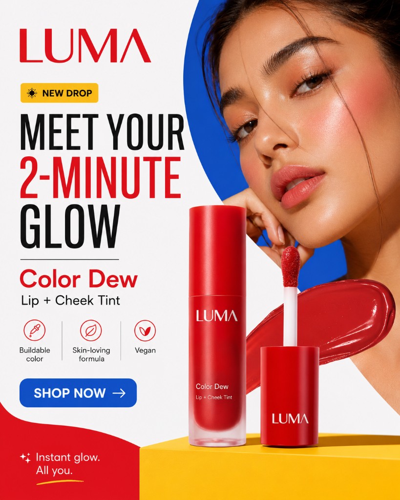 Example of AI media generation from Stacker's website: an ad for a fictional lip and cheek tint brand called LUMA